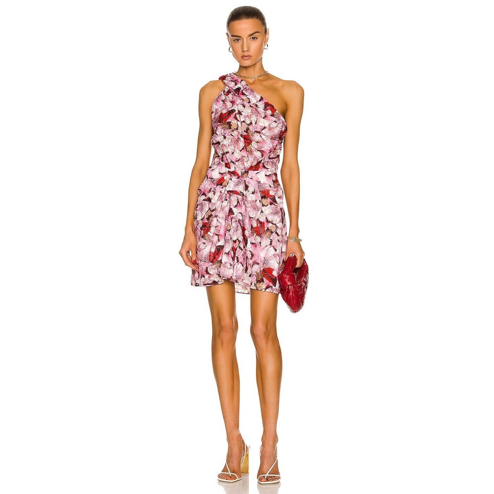 IRO Cevals One Shoulder Silk Blend Floral Mini Dress Pink Print Size 38 US 6